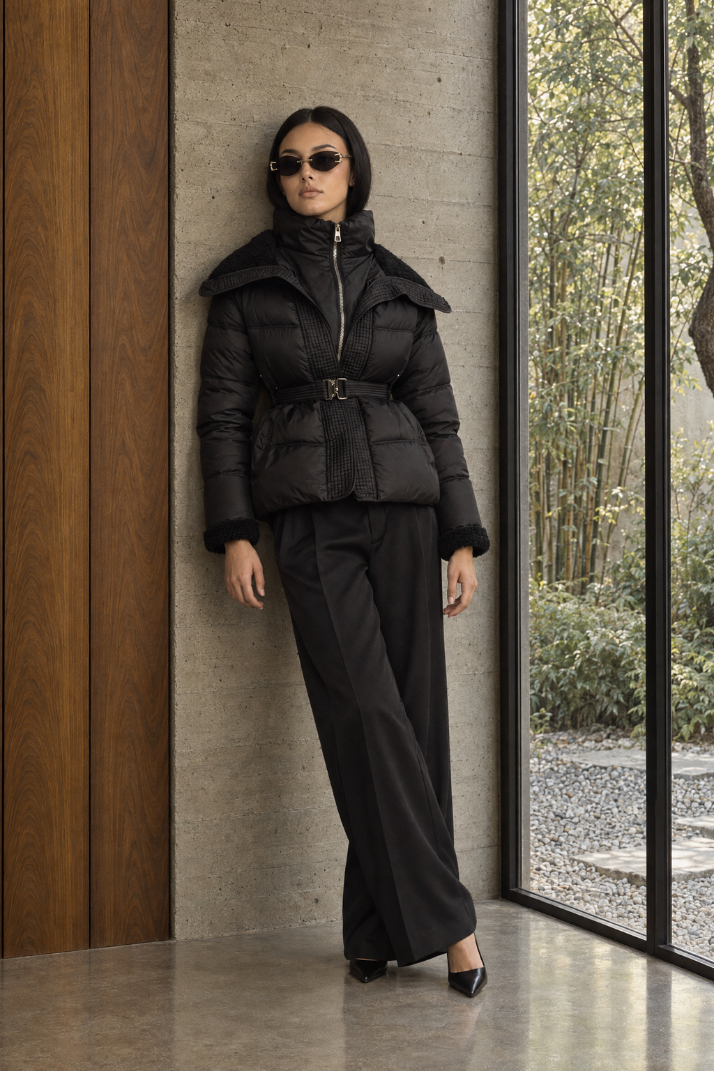 Sidonie - Chaqueta acolchada con cinturón y cuello de borreguito - Negro