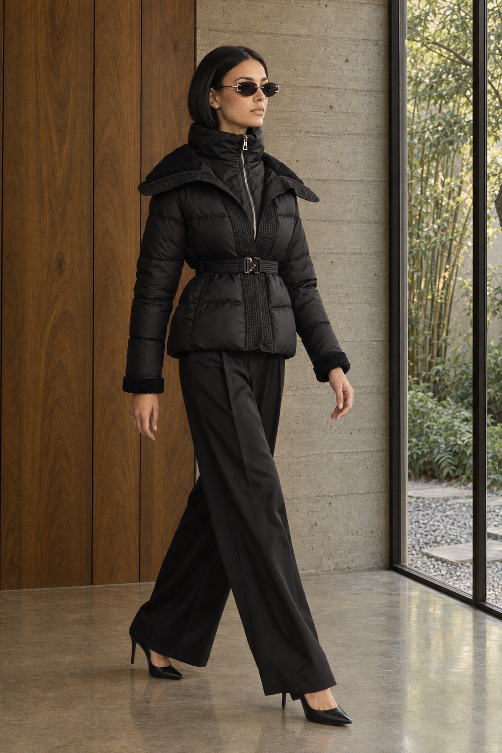 Sidonie - Chaqueta acolchada con cinturón y cuello de borreguito - Negro