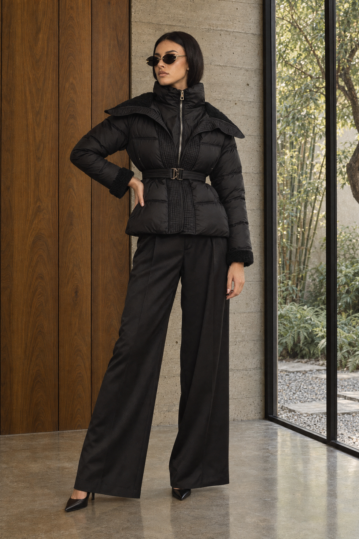 Sidonie - Chaqueta acolchada con cinturón y cuello de borreguito - Negro