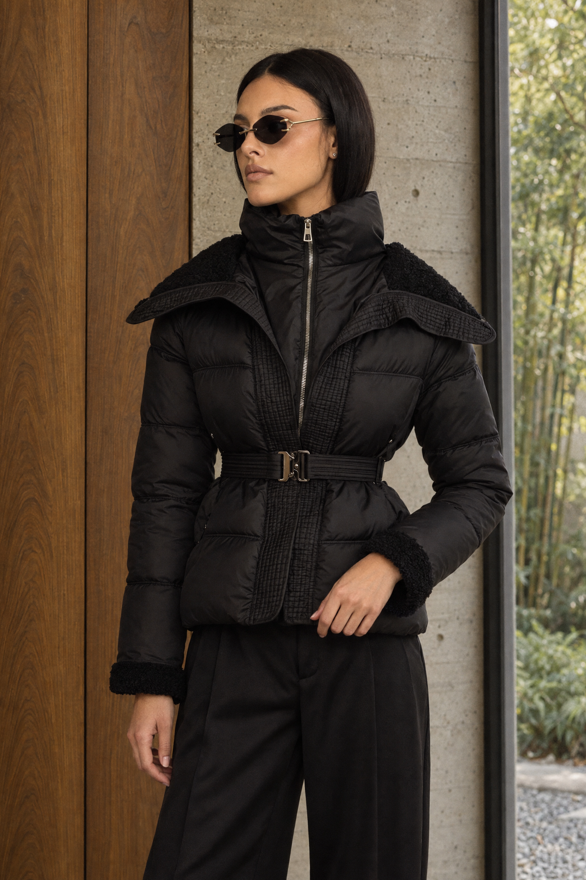 Sidonie - Chaqueta acolchada con cinturón y cuello de borreguito - Negro