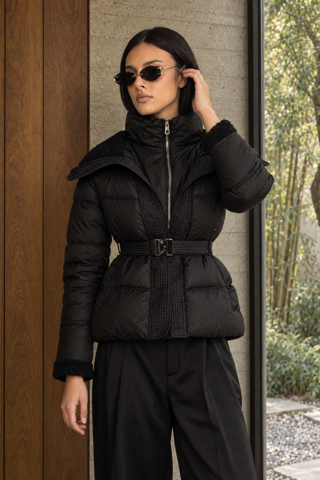 Sidonie - Chaqueta acolchada con cinturón y cuello de borreguito - Negro