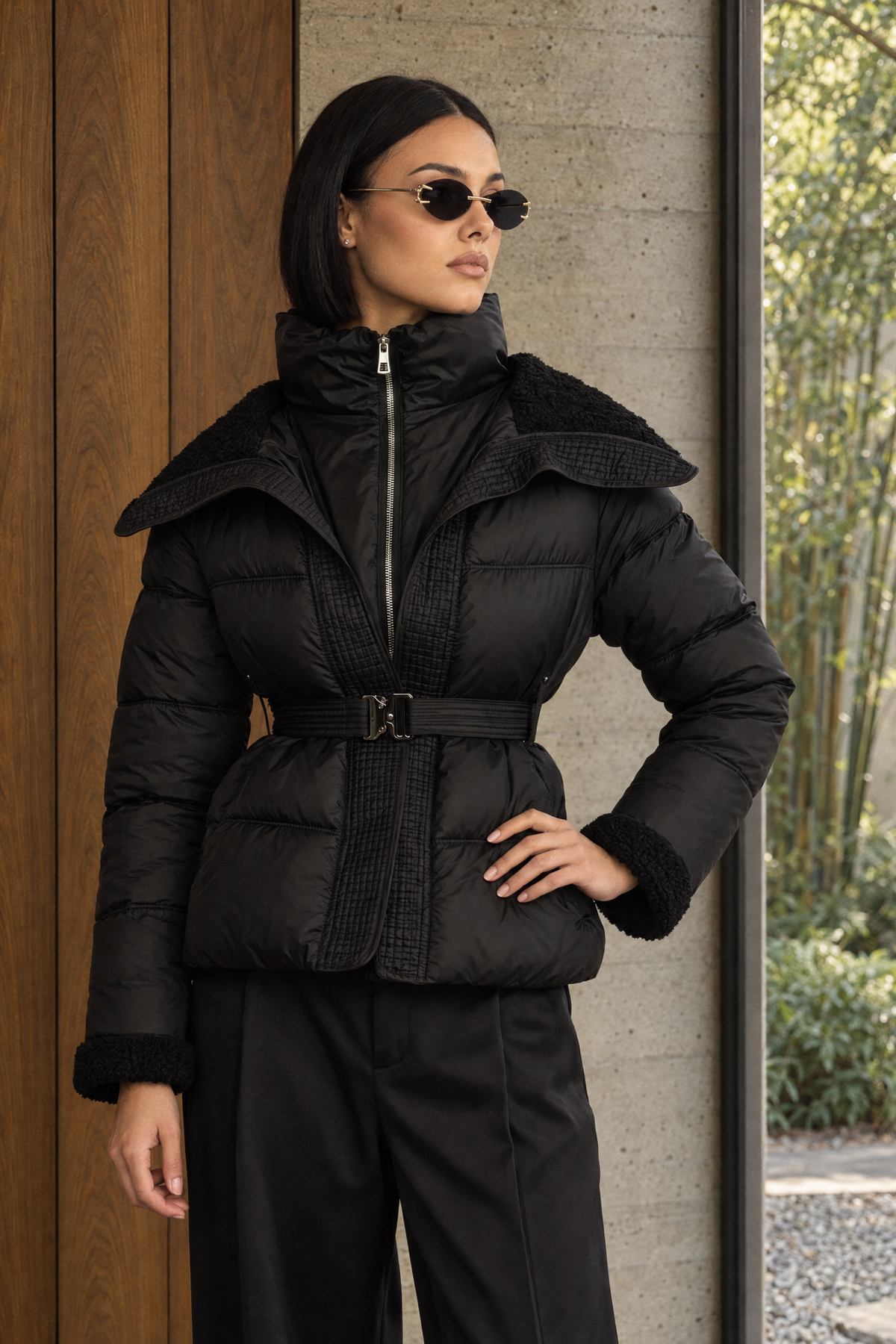Sidonie - Chaqueta acolchada con cinturón y cuello de borreguito - Negro