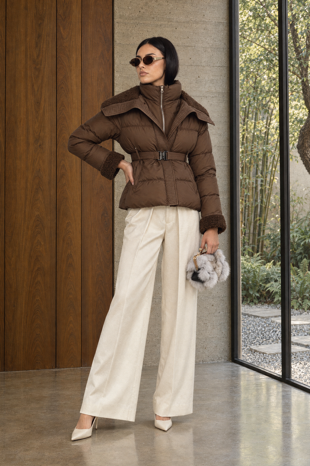 Sidonie - Chaqueta acolchada con cinturón y cuello de borreguito - Café