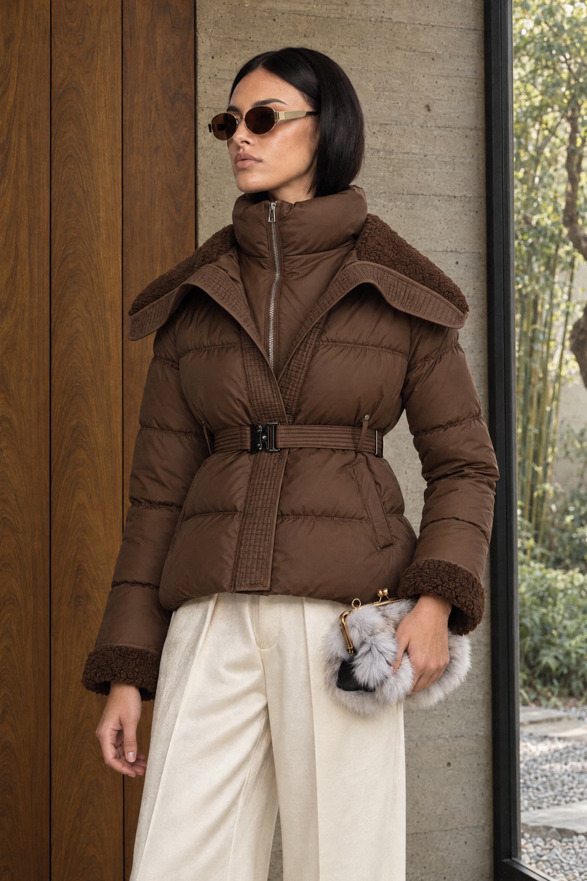 Sidonie - Chaqueta acolchada con cinturón y cuello de borreguito - Café