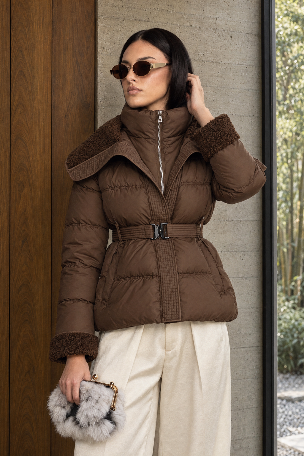 Sidonie - Chaqueta acolchada con cinturón y cuello de borreguito - Café