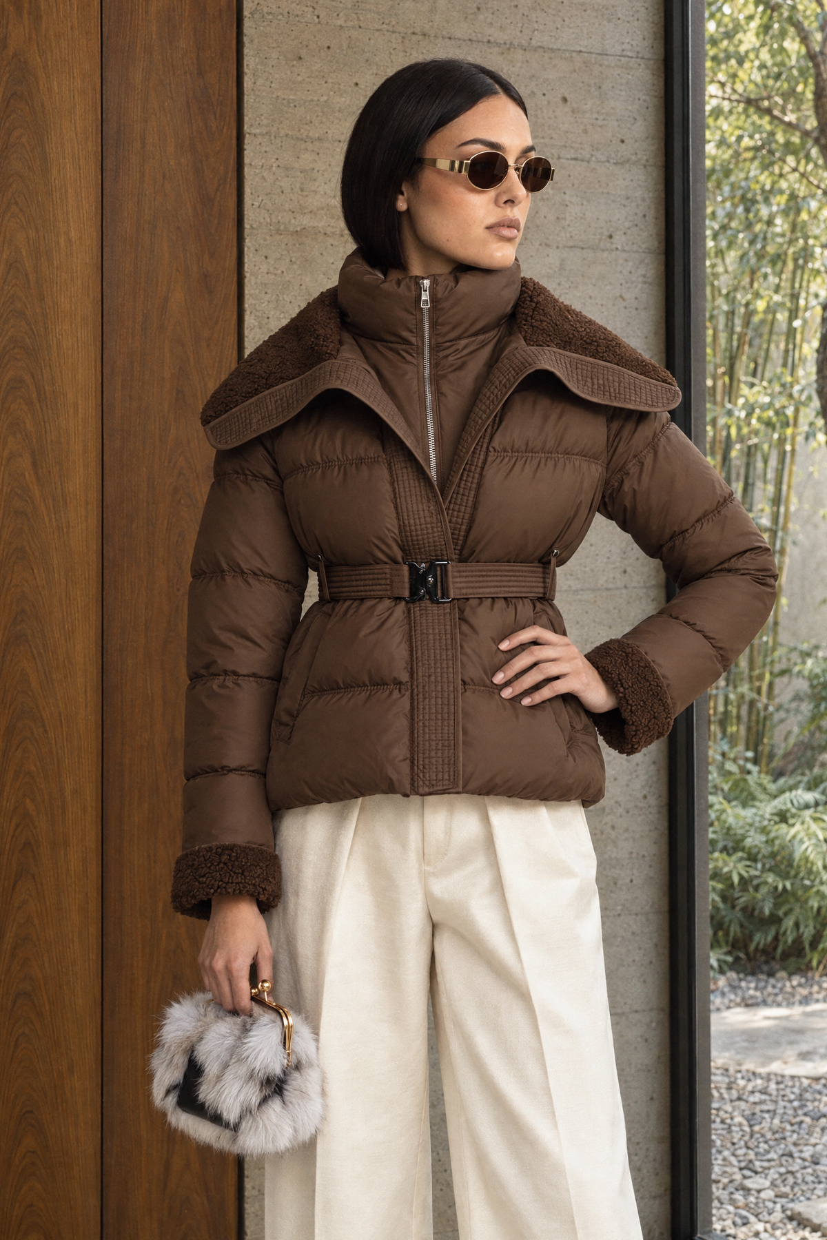 Sidonie - Chaqueta acolchada con cinturón y cuello de borreguito - Café