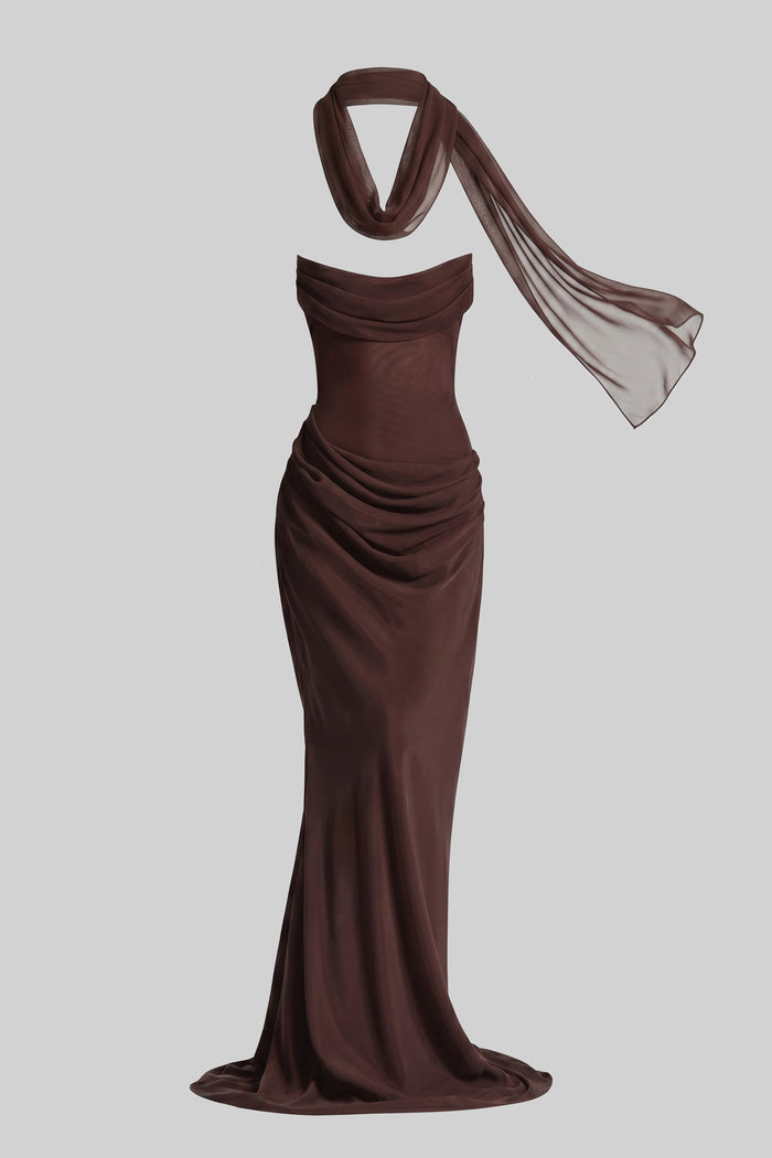 VESTIDO MAXI PALABRA DE HONOR DRAPEADO CON ESCOTE CAÍDO Y PAÑUELO TRANSPARENTE - MARRÓN