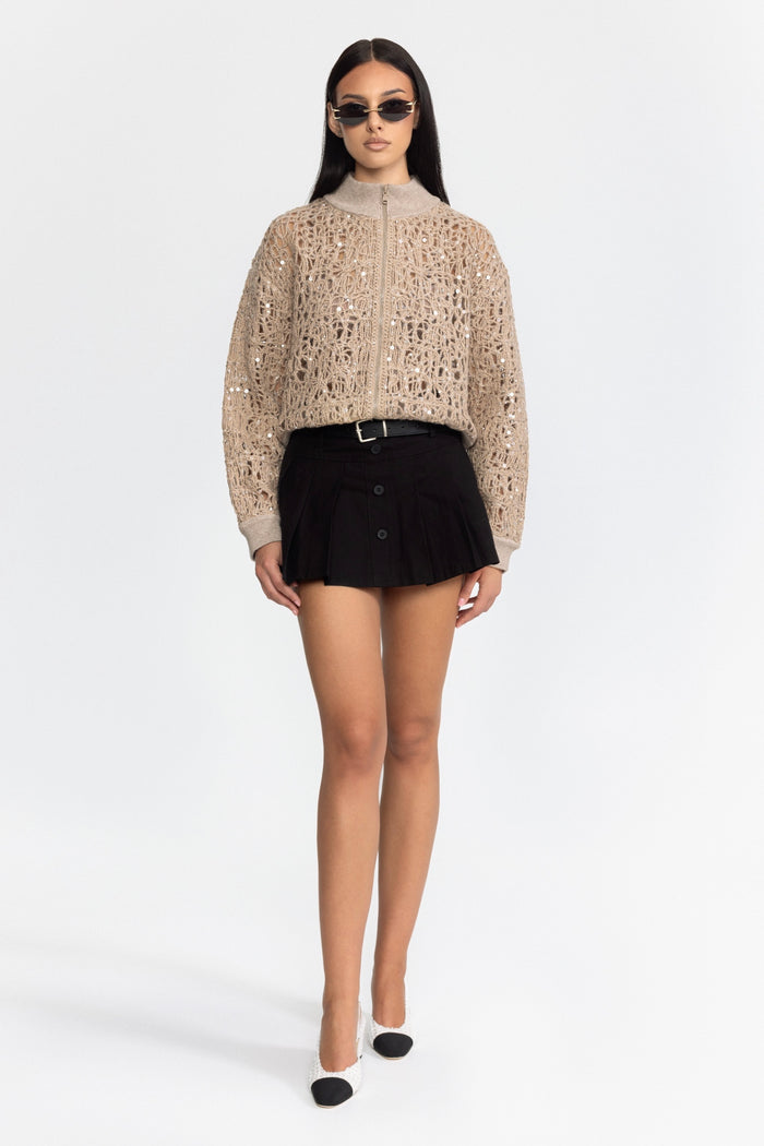 CÁRDIGAN DE PUNTO CALADO CON LENTEJUELAS Y CREMALLERA - BEIGE