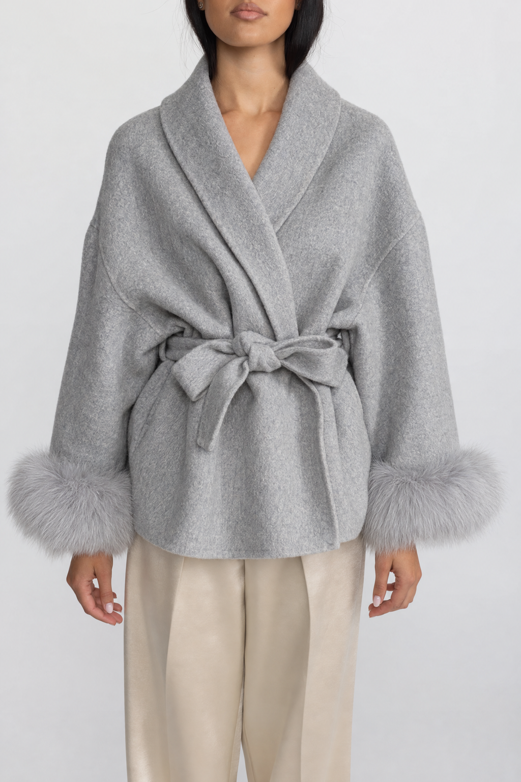 Ondine - Chaqueta cruzada de mezcla de lana con puños de pelo de zorro - Gris