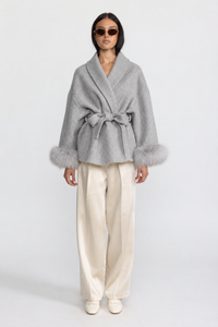 CHAQUETA CRUZADA DE MEZCLA DE LANA CON PUÑOS DE PELO DE ZORRO - GRIS