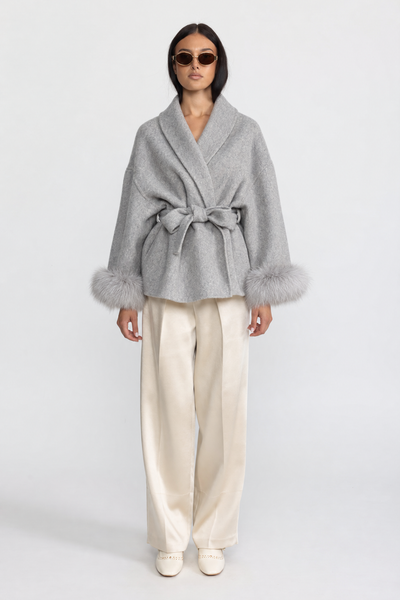 CHAQUETA CRUZADA DE MEZCLA DE LANA CON PUÑOS DE PELO DE ZORRO - GRIS