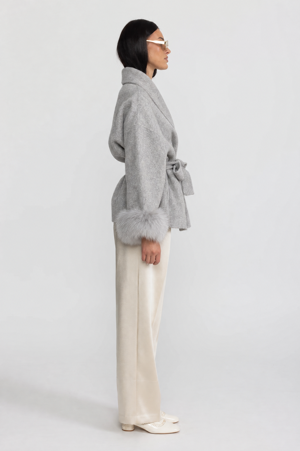 Ondine - Chaqueta cruzada de mezcla de lana con puños de pelo de zorro - Gris