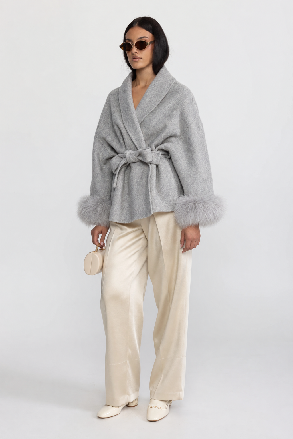 Ondine - Chaqueta cruzada de mezcla de lana con puños de pelo de zorro - Gris