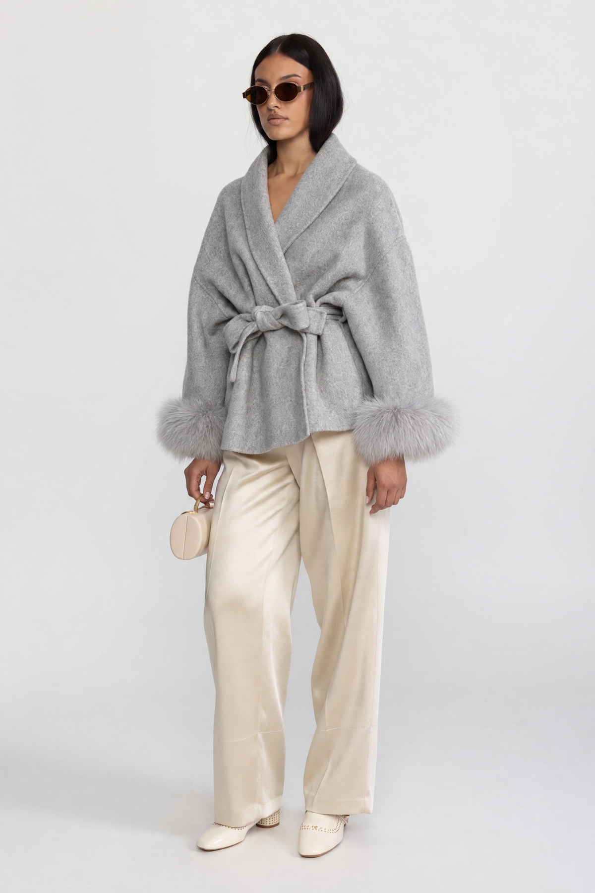 Ondine - Chaqueta cruzada de mezcla de lana con puños de pelo de zorro - Gris