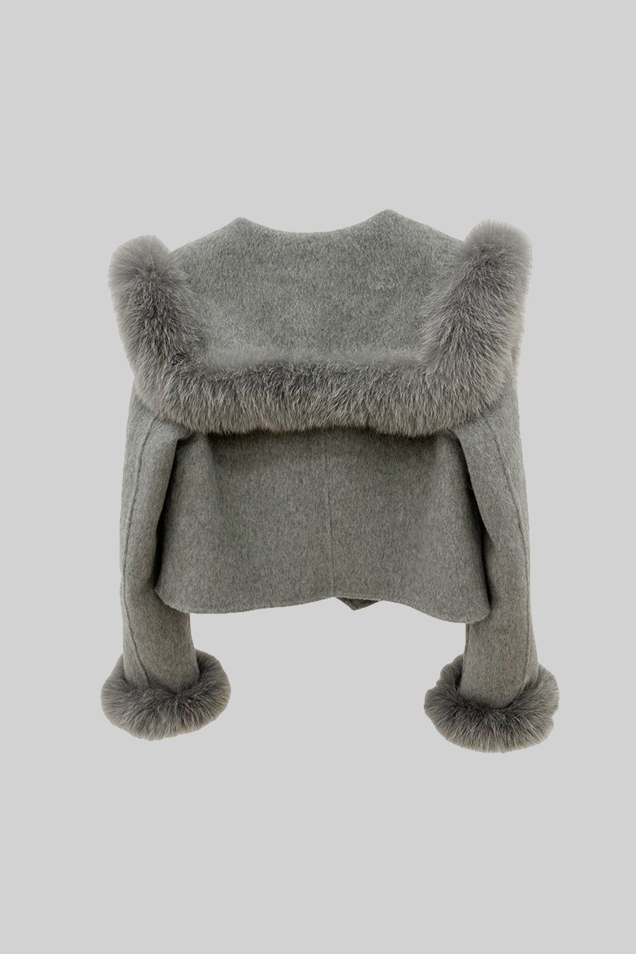 Chaqueta corta cruzada con cuello de pelo - Gris