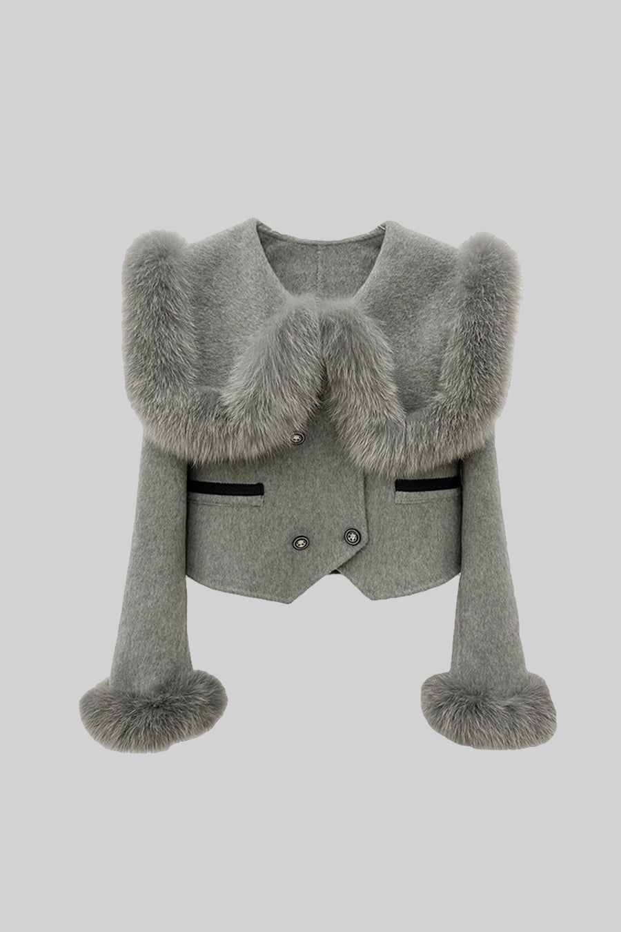 Chaqueta corta cruzada con cuello de pelo - Gris