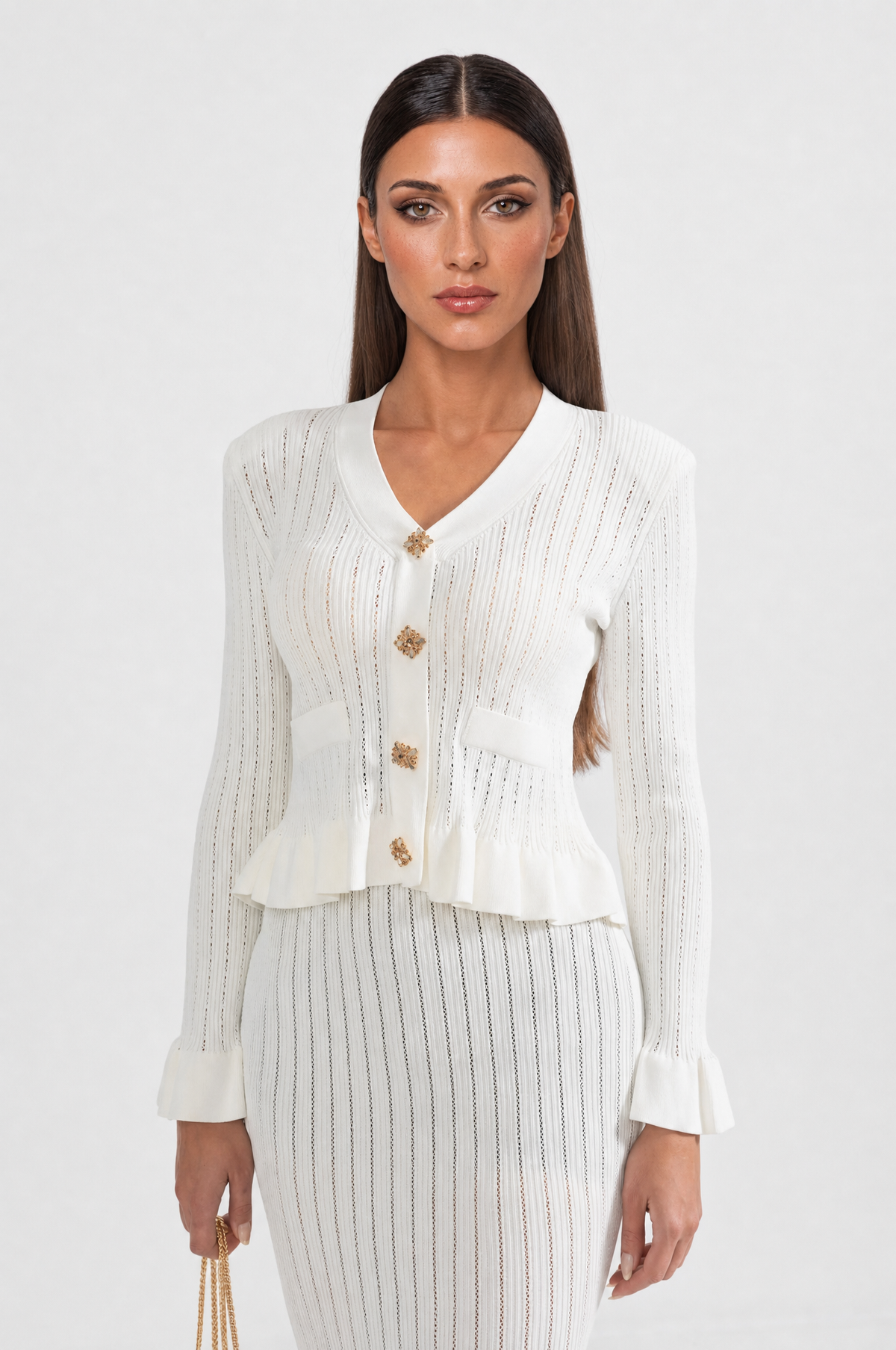 CONJUNTO DE CHAQUETA Y FALDA DE PUNTO CON VOLANTES - BLANCO