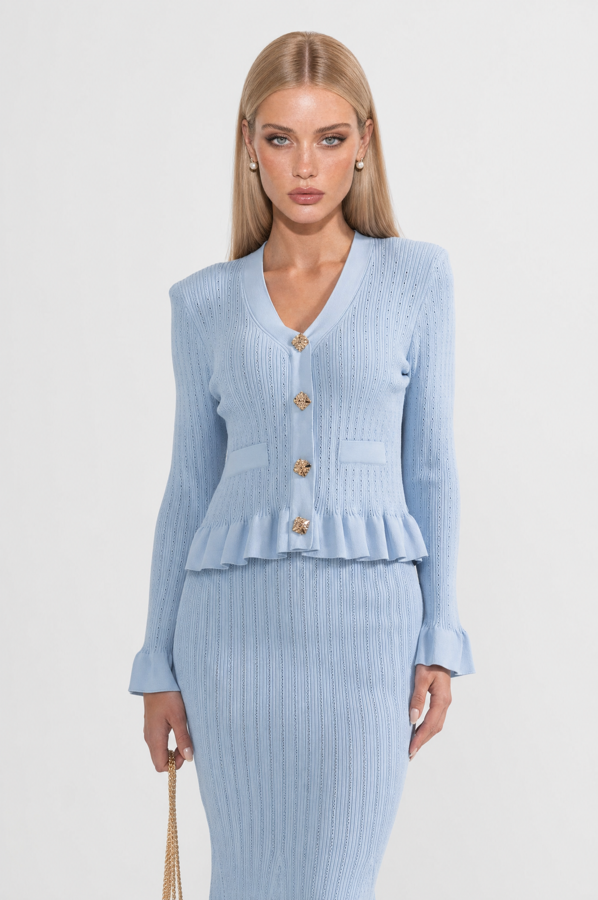 CONJUNTO DE CHAQUETA Y FALDA DE PUNTO CON VOLANTES - AZUL BEBÉ