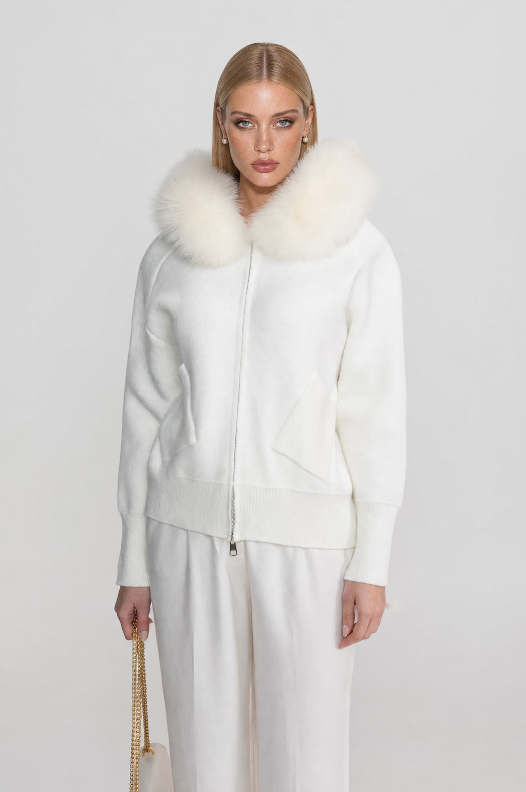 SUDADERA DE LANA CON CREMALLERA Y CUELLO DE PELO SINTÉTICO - BLANCO