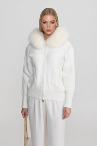 SUDADERA DE LANA CON CREMALLERA Y CUELLO DE PELO SINTÉTICO - BLANCO