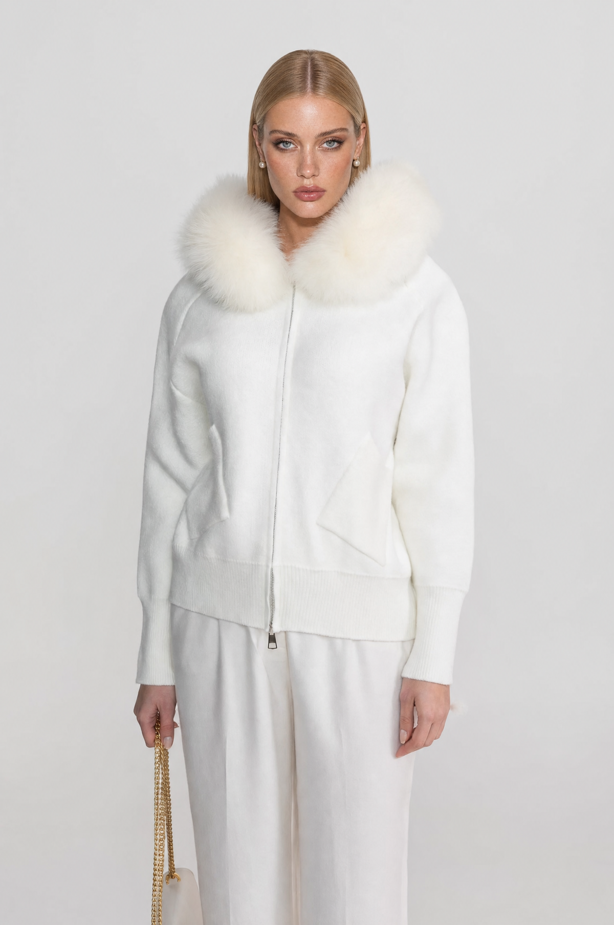 SUDADERA DE LANA CON CREMALLERA Y CUELLO DE PELO SINTÉTICO - BLANCO