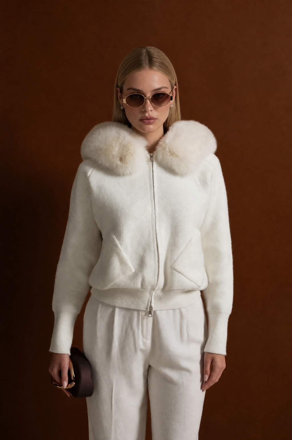 SUDADERA DE LANA CON CREMALLERA Y CUELLO DE PELO SINTÉTICO - BLANCO
