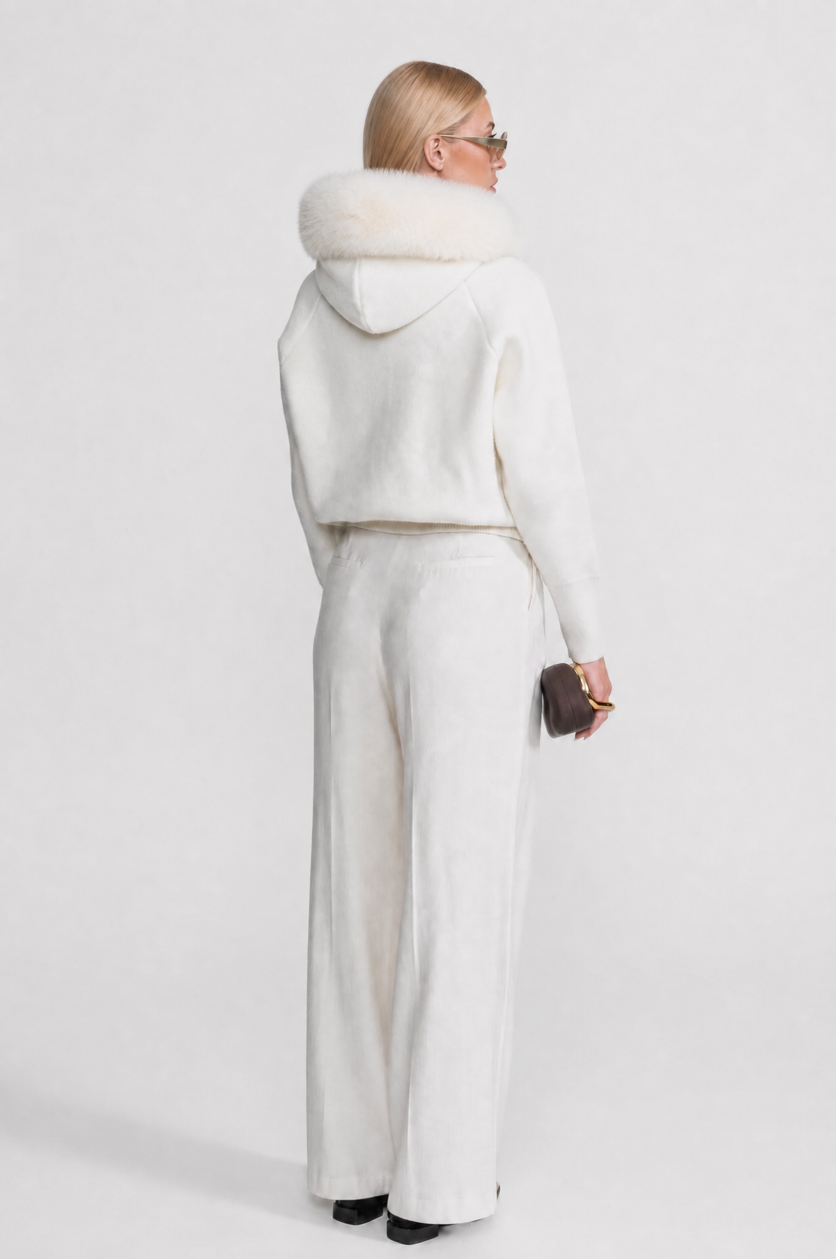 SUDADERA DE LANA CON CREMALLERA Y CUELLO DE PELO SINTÉTICO - BLANCO