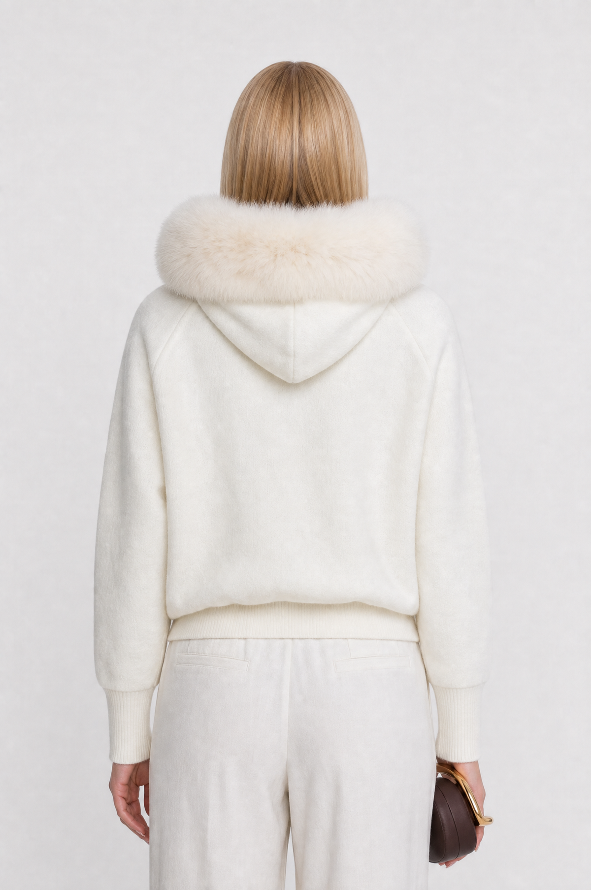 SUDADERA DE LANA CON CREMALLERA Y CUELLO DE PELO SINTÉTICO - BLANCO