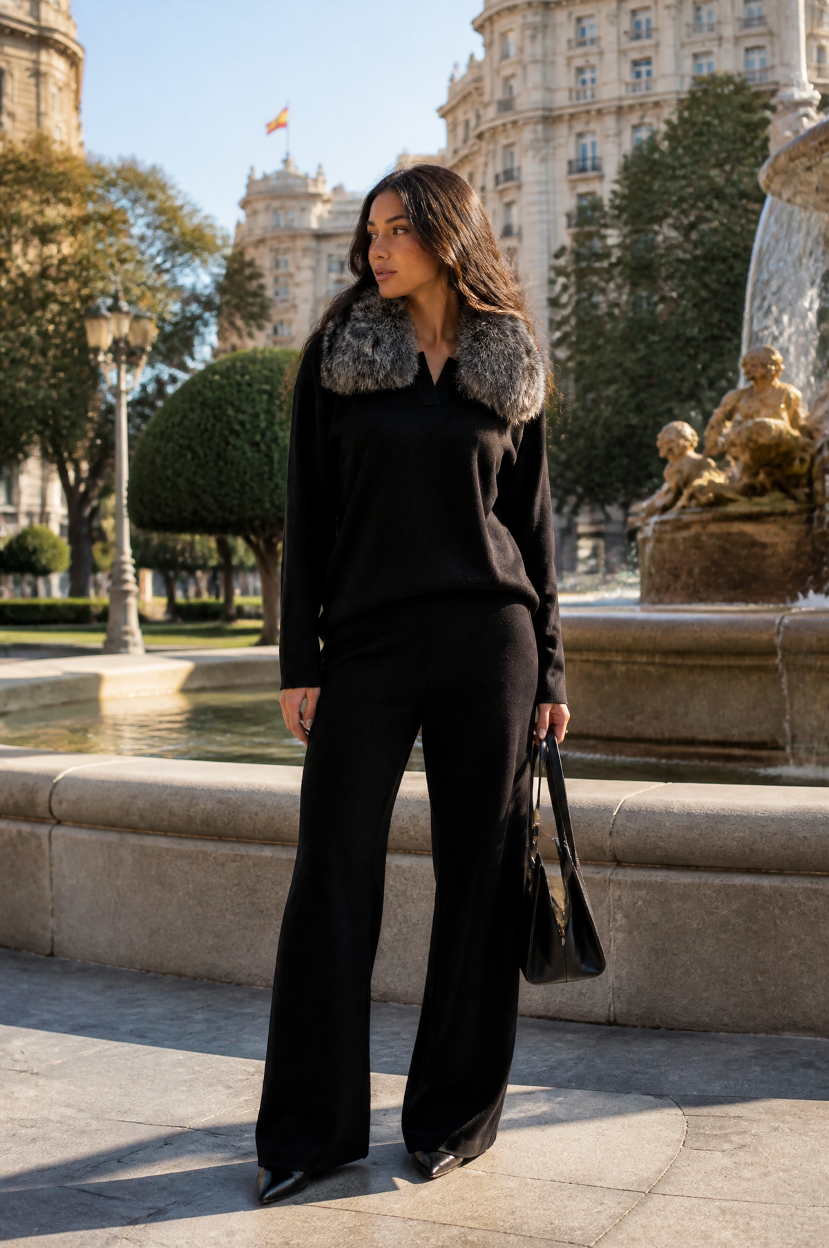 CONJUNTO DE PUNTO CON CUELLO DE PELO - NEGRO/GRIS
