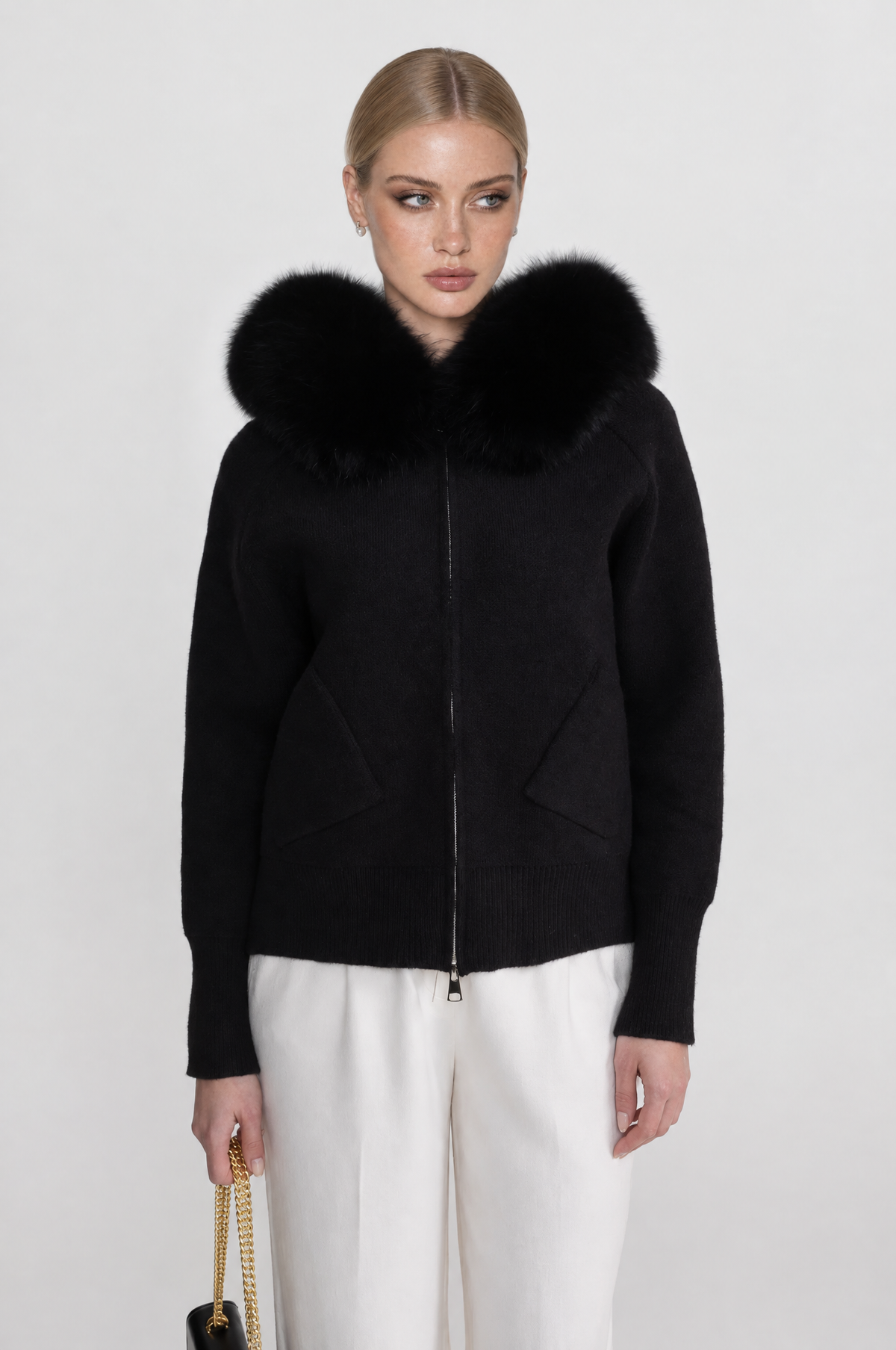 SUDADERA DE LANA CON CREMALLERA Y CUELLO DE PELO SINTÉTICO - NEGRO