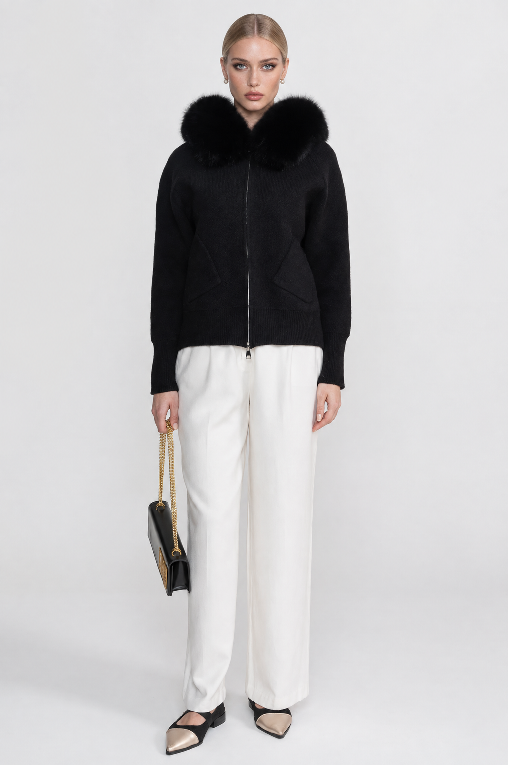 SUDADERA DE LANA CON CREMALLERA Y CUELLO DE PELO SINTÉTICO - NEGRO