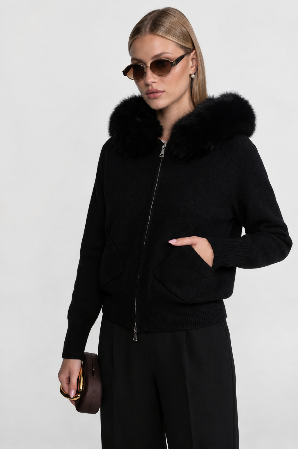 SUDADERA DE LANA CON CREMALLERA Y CUELLO DE PELO SINTÉTICO - NEGRO