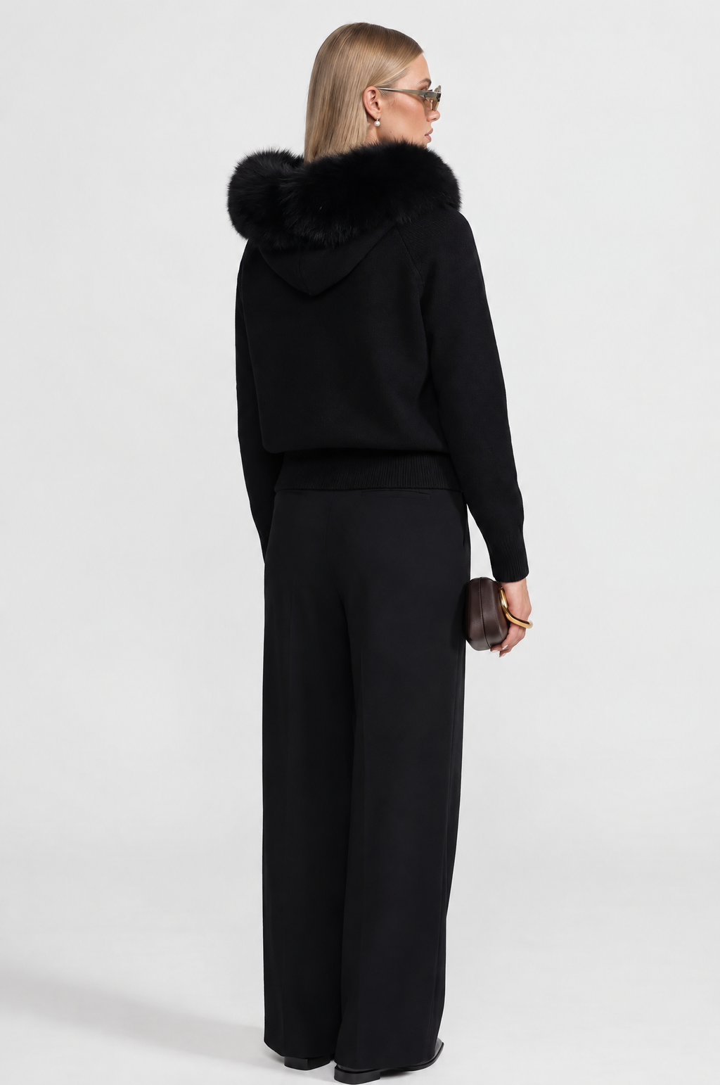 SUDADERA DE LANA CON CREMALLERA Y CUELLO DE PELO SINTÉTICO - NEGRO