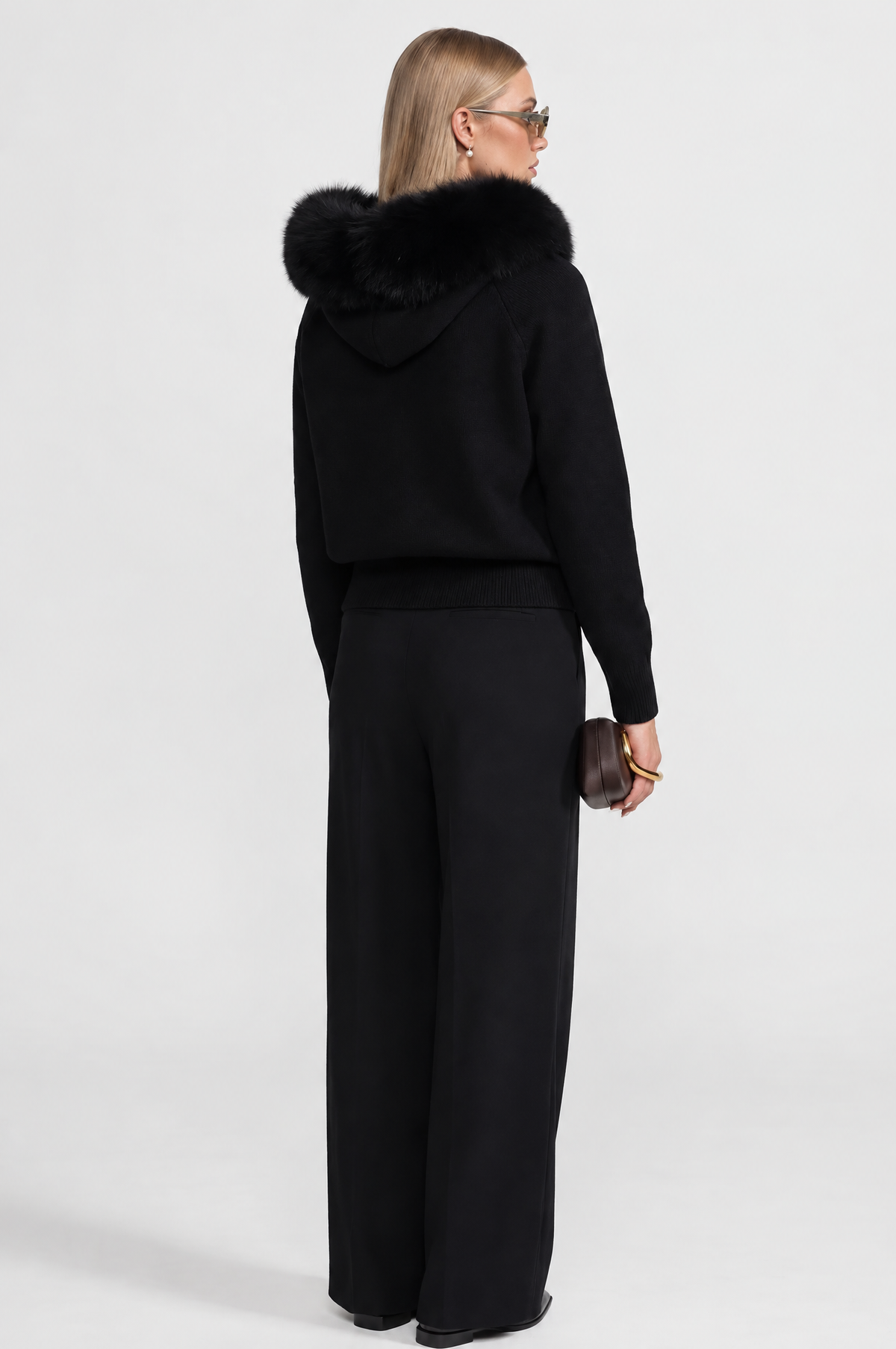 SUDADERA DE LANA CON CREMALLERA Y CUELLO DE PELO SINTÉTICO - NEGRO