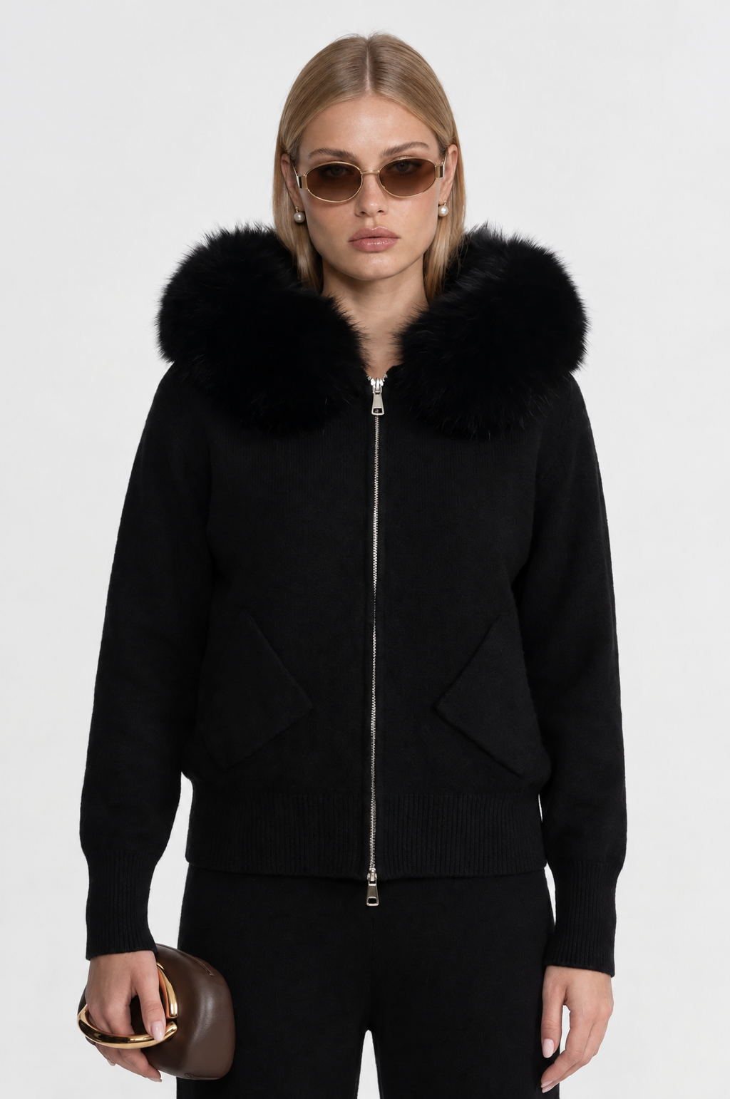 SUDADERA DE LANA CON CREMALLERA Y CUELLO DE PELO SINTÉTICO - NEGRO