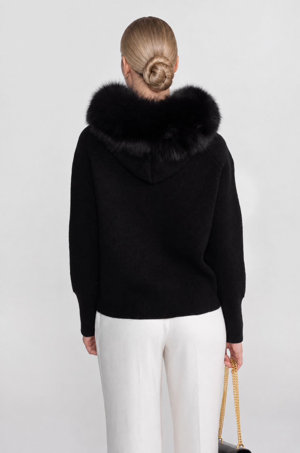 SUDADERA DE LANA CON CREMALLERA Y CUELLO DE PELO SINTÉTICO - NEGRO
