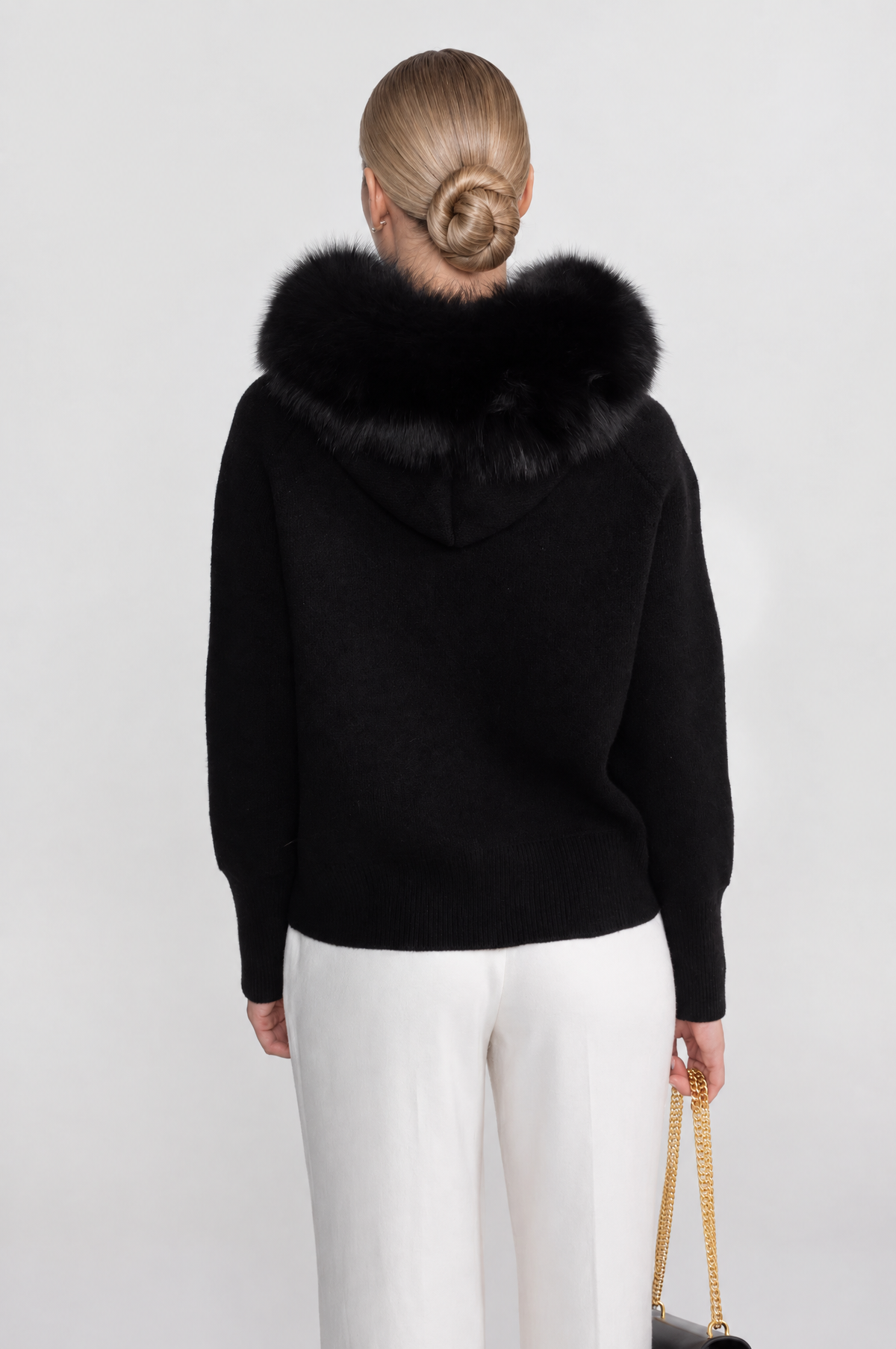 SUDADERA DE LANA CON CREMALLERA Y CUELLO DE PELO SINTÉTICO - NEGRO
