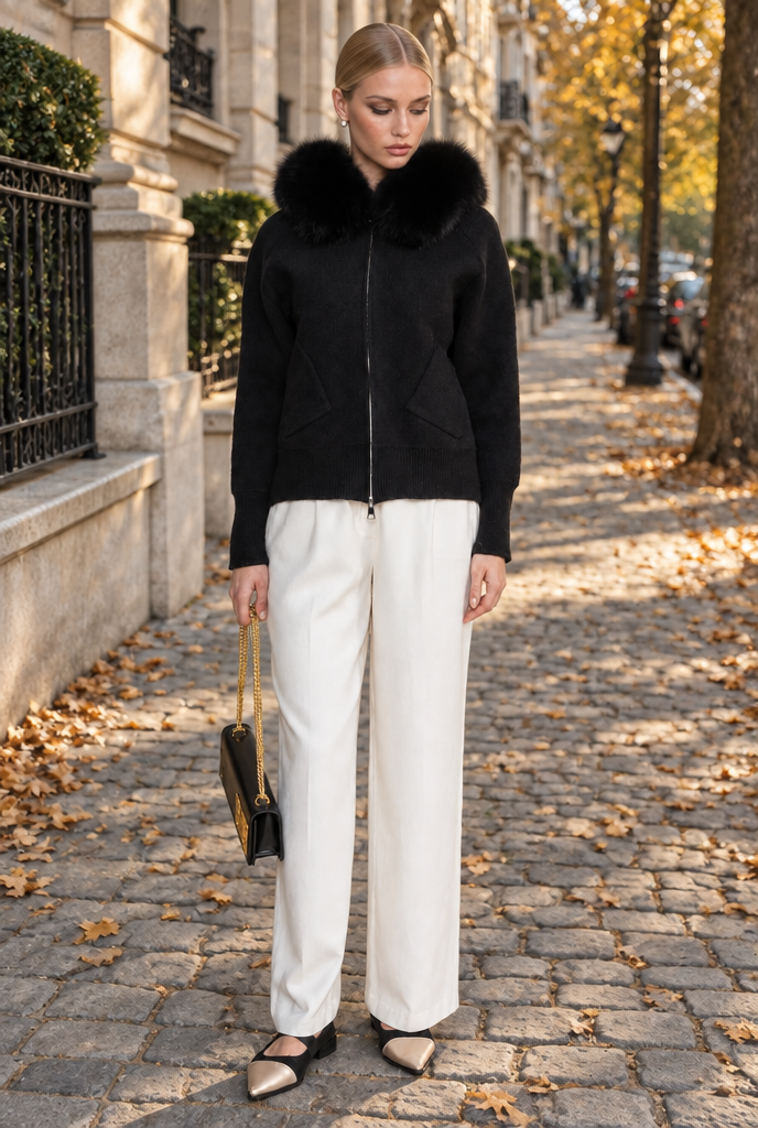 SUDADERA DE LANA CON CREMALLERA Y CUELLO DE PELO SINTÉTICO - NEGRO