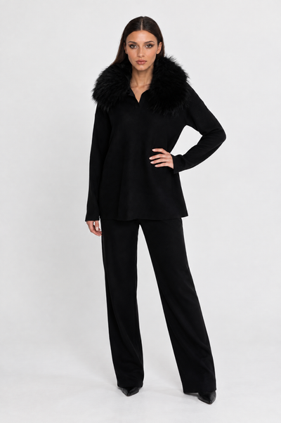 CONJUNTO DE PUNTO CON CUELLO DE PELO - NEGRO
