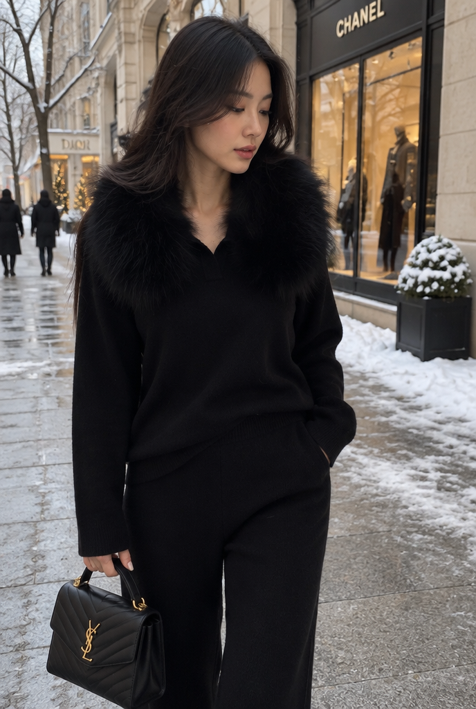 CONJUNTO DE PUNTO CON CUELLO DE PELO - NEGRO