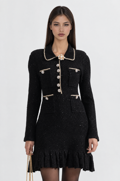 VESTIDO DE PUNTO TEXTURIZADO CON DETALLE FLORAL - NEGRO