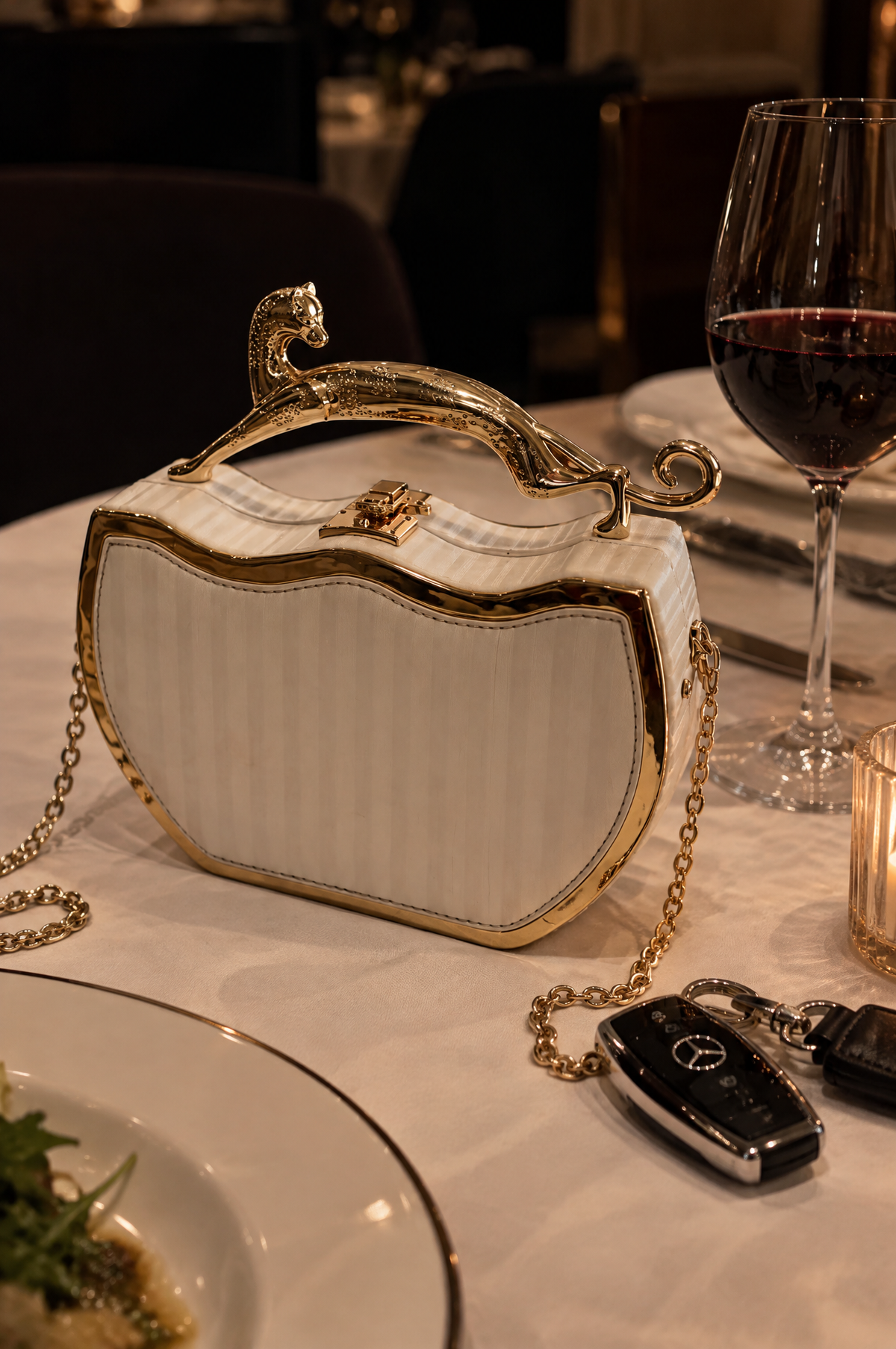 BOLSO TIPO CAJA METALIZADO CON DETALLE LEOPARDO - BLANCO