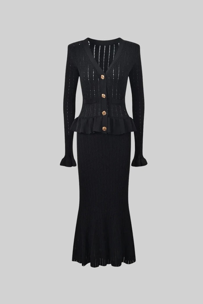 CONJUNTO DE CHAQUETA Y FALDA DE PUNTO CON VOLANTES - NEGRO