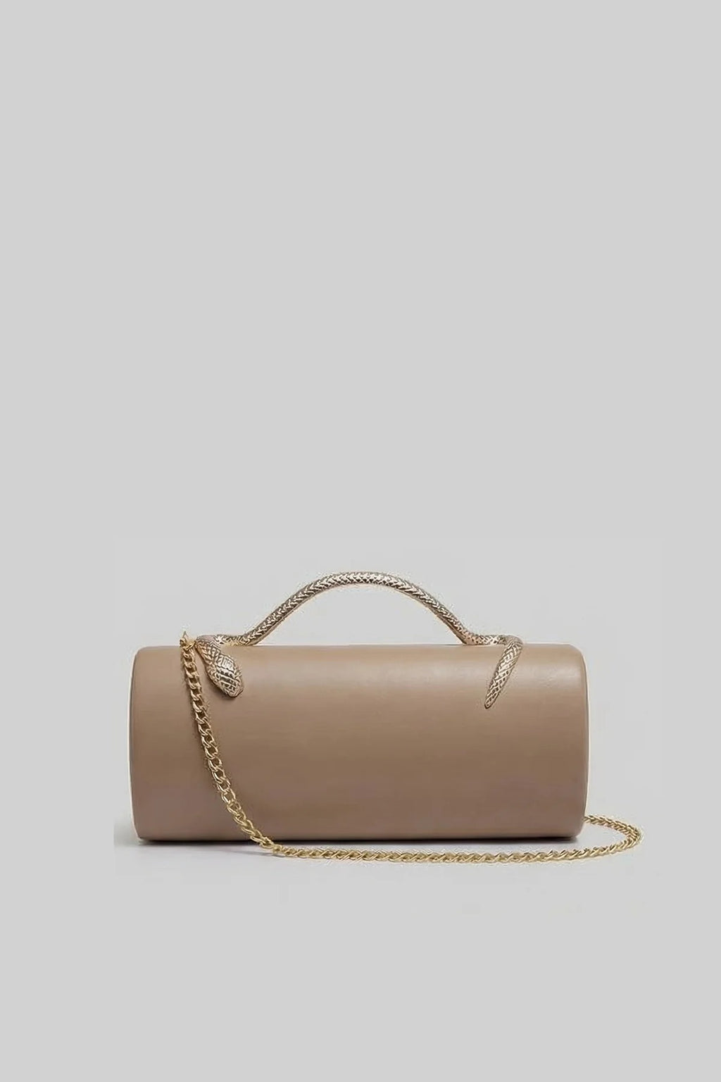 BOLSO DE MANO ESTRUCTURADO CON ASA DE SERPIENTE Y CADENA DORADA - CAQUI