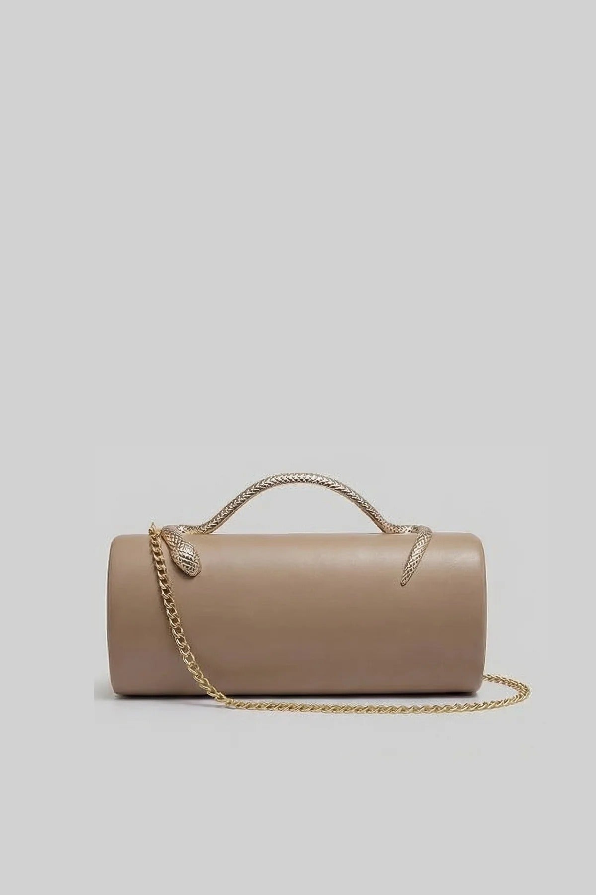 BOLSO DE MANO ESTRUCTURADO CON ASA DE SERPIENTE Y CADENA DORADA - CAQUI