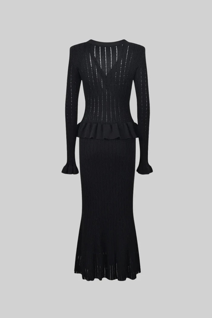 CONJUNTO DE CHAQUETA Y FALDA DE PUNTO CON VOLANTES - NEGRO