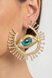 PENDIENTES DE BOTÓN CON OJO Y RAYOS DE CRISTAL - ORO