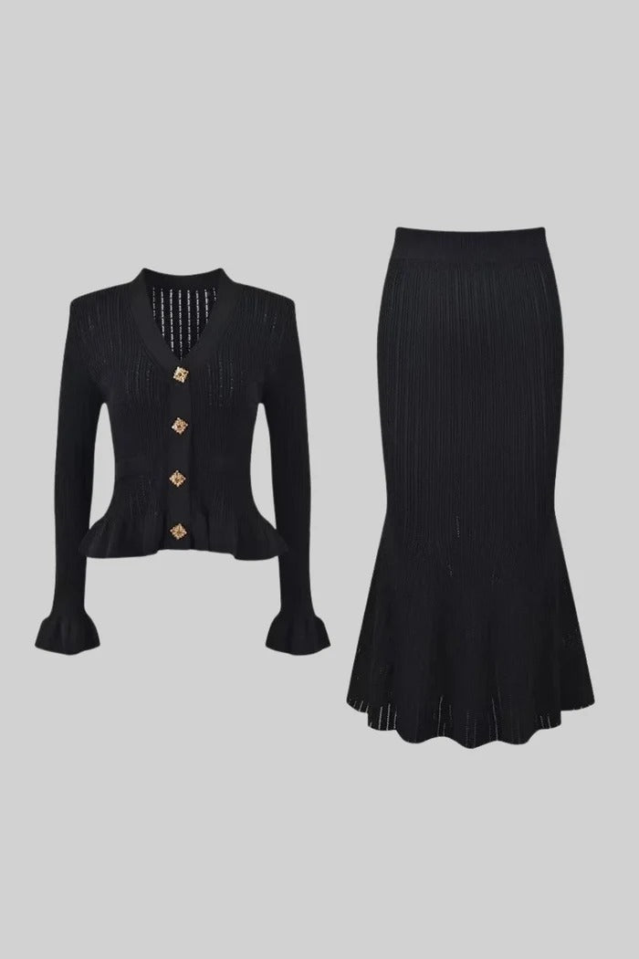 CONJUNTO DE CHAQUETA Y FALDA DE PUNTO CON VOLANTES - NEGRO