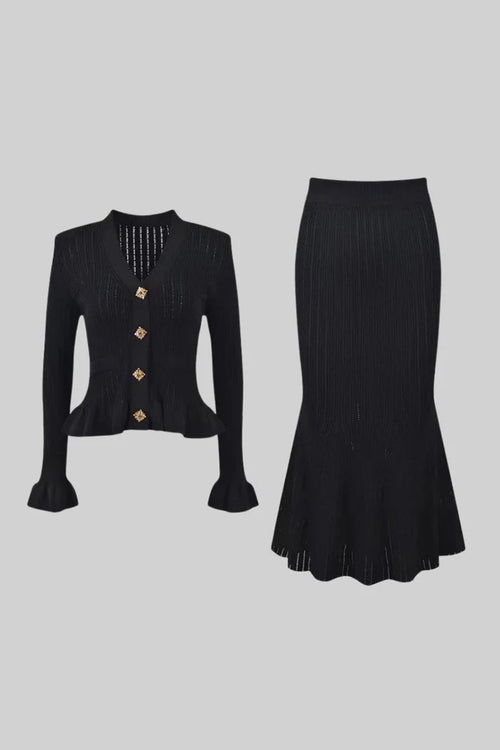 CONJUNTO DE CHAQUETA Y FALDA DE PUNTO CON VOLANTES - NEGRO