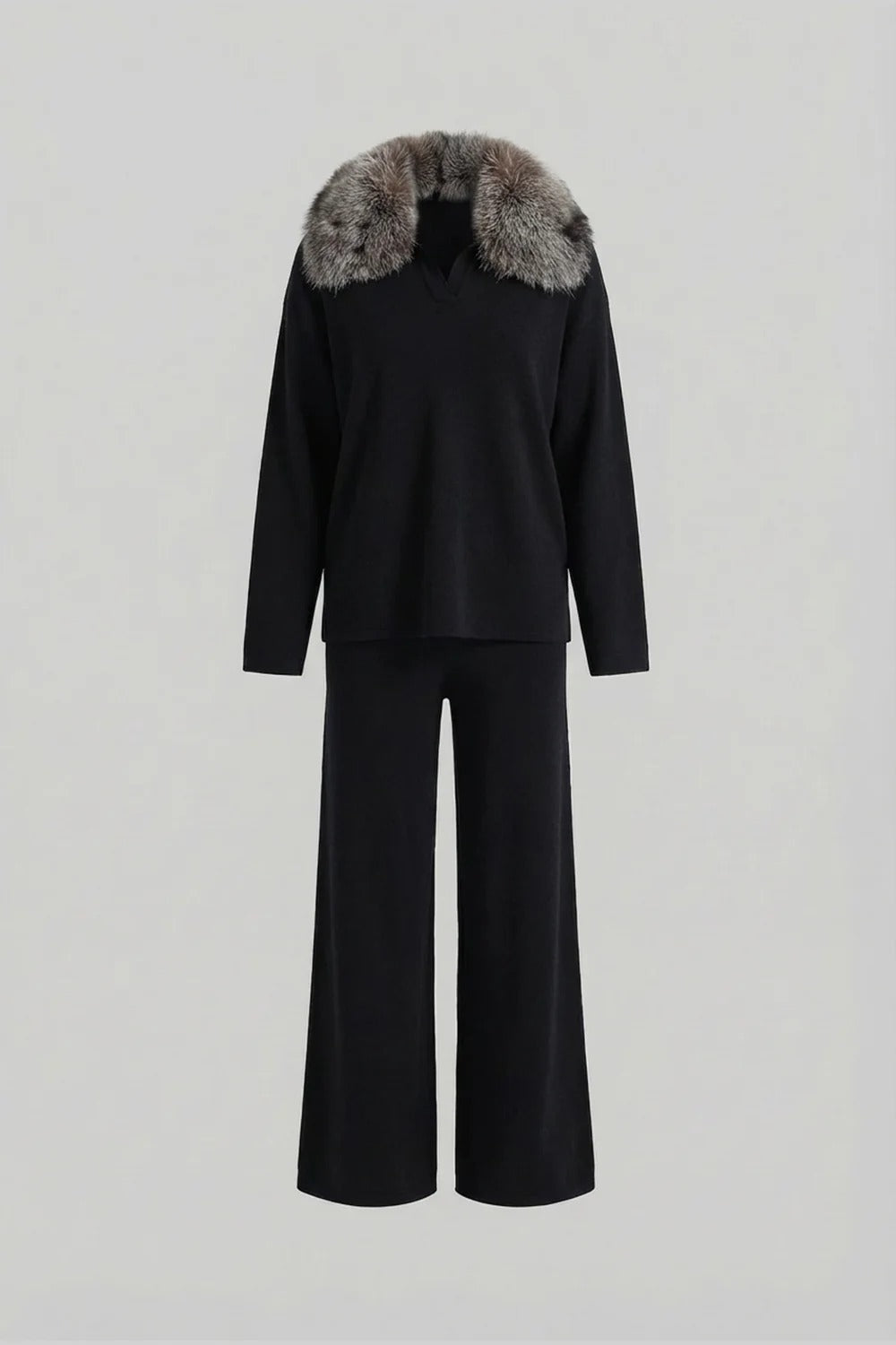 CONJUNTO DE PUNTO CON CUELLO DE PELO - NEGRO/GRIS